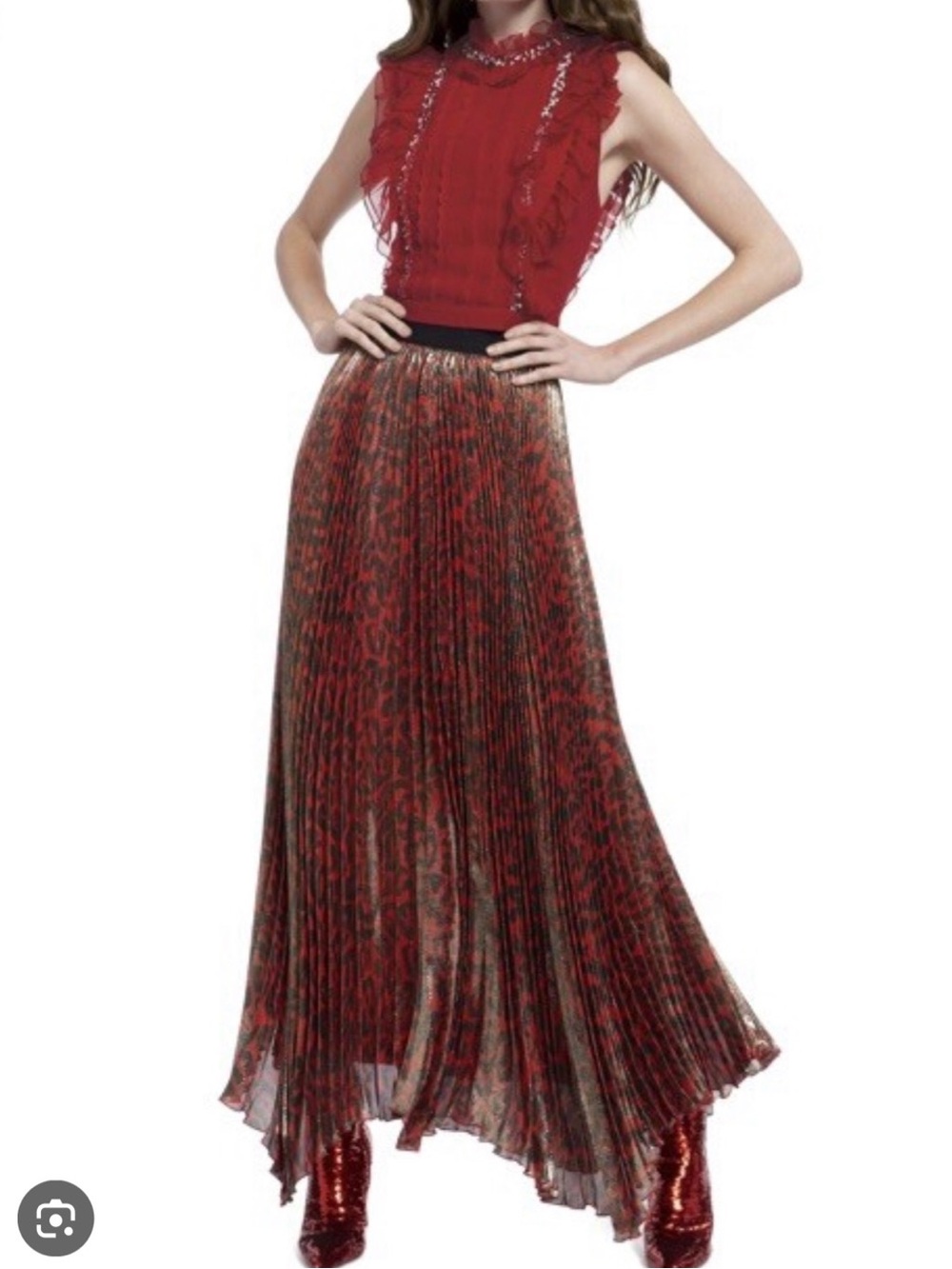 Alice + Olivia Katz Red Metallic Pleated Maxi Skirt